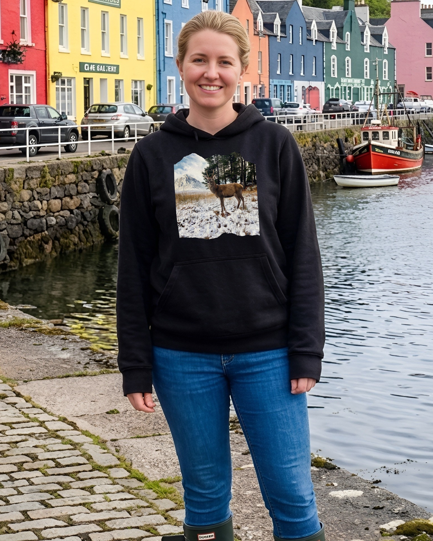 "Strathcarron Stag in the Snow" Unisex Black Adults Hoodie