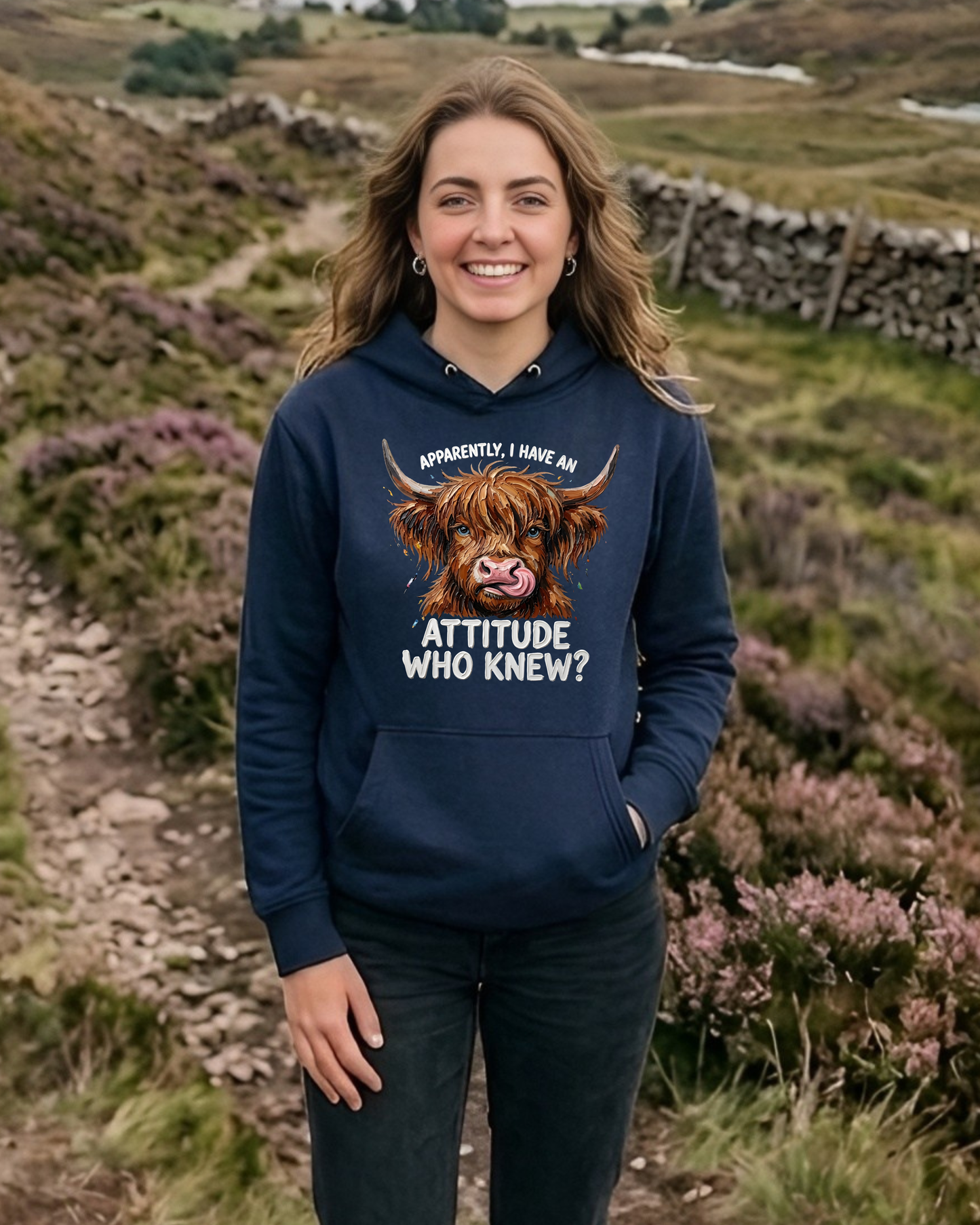 Apparently I Have an Attitude... Who Knew?" Highland Cow Unisex Hoodie