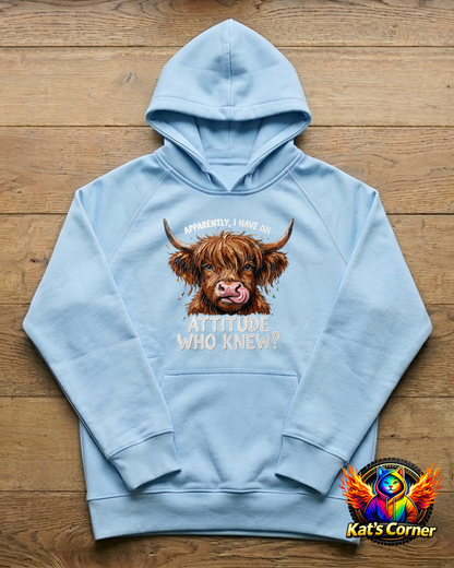 Apparently I Have an Attitude... Who Knew?" Highland Cow Unisex Hoodie