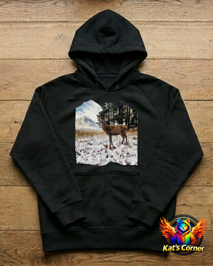 "Strathcarron Stag in the Snow" Unisex Black Adults Hoodie
