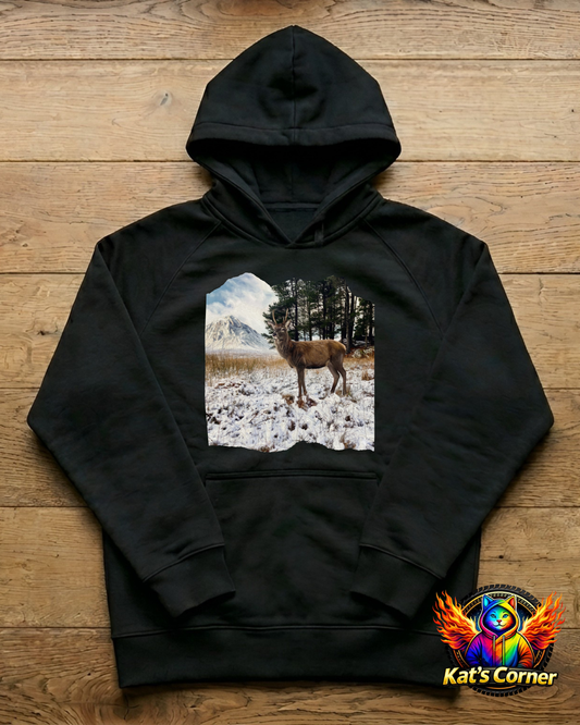 "Strathcarron Stag in the Snow" Unisex Black Adults Hoodie