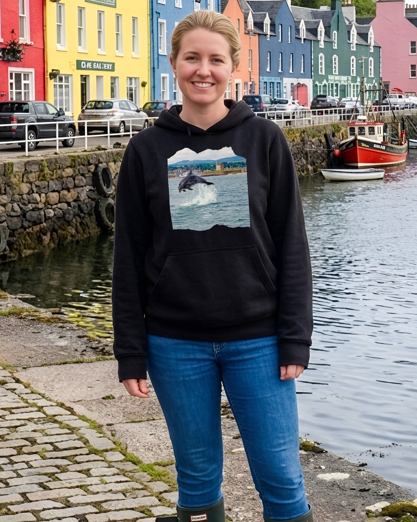 "Broughty Ferry Dolphin" Unisex Black Adults Hoodie
